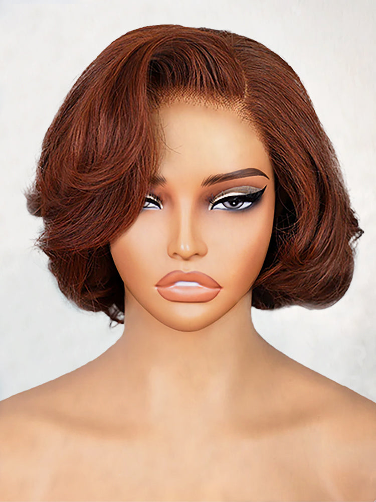 Layered Fluffy Blowout Style Bob Wear Go Glueless 4x6 Lace Closure Wig Yaki Straight HD Lace/ Brown Color Transparent Wig