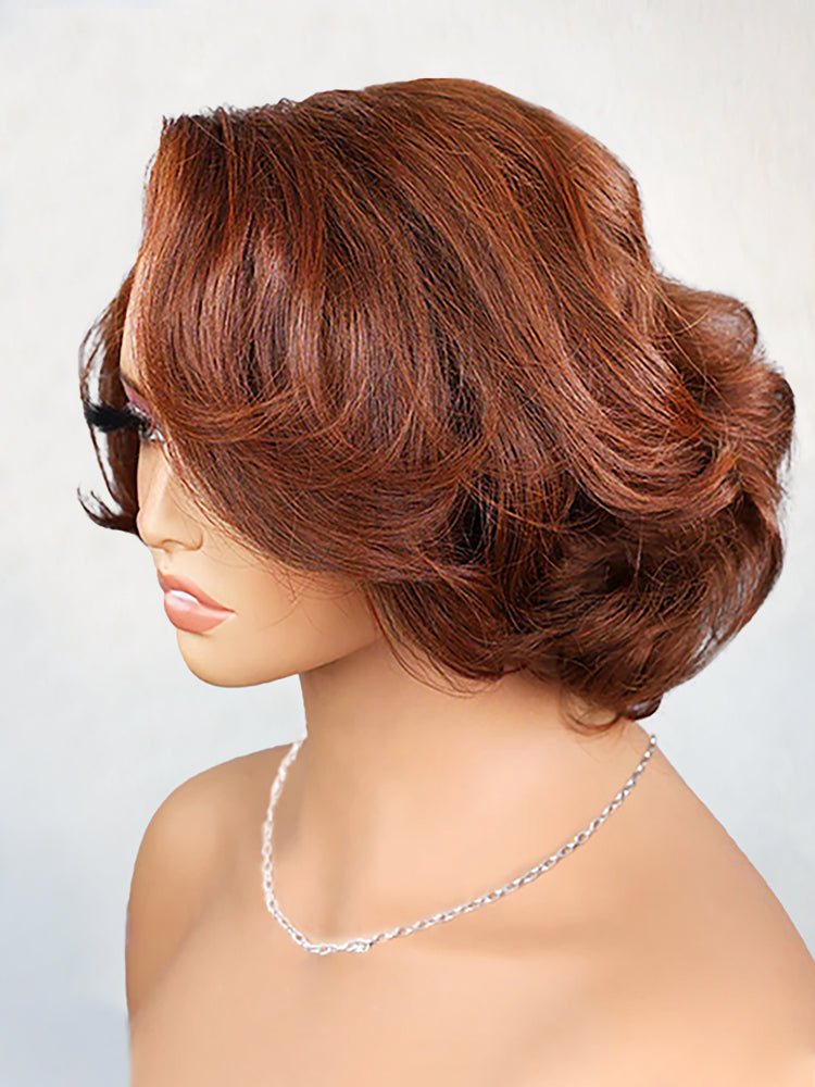 Layered Fluffy Blowout Style Bob Wear Go Glueless 4x6 Lace Closure Wig Yaki Straight HD Lace/ Brown Color Transparent Wig
