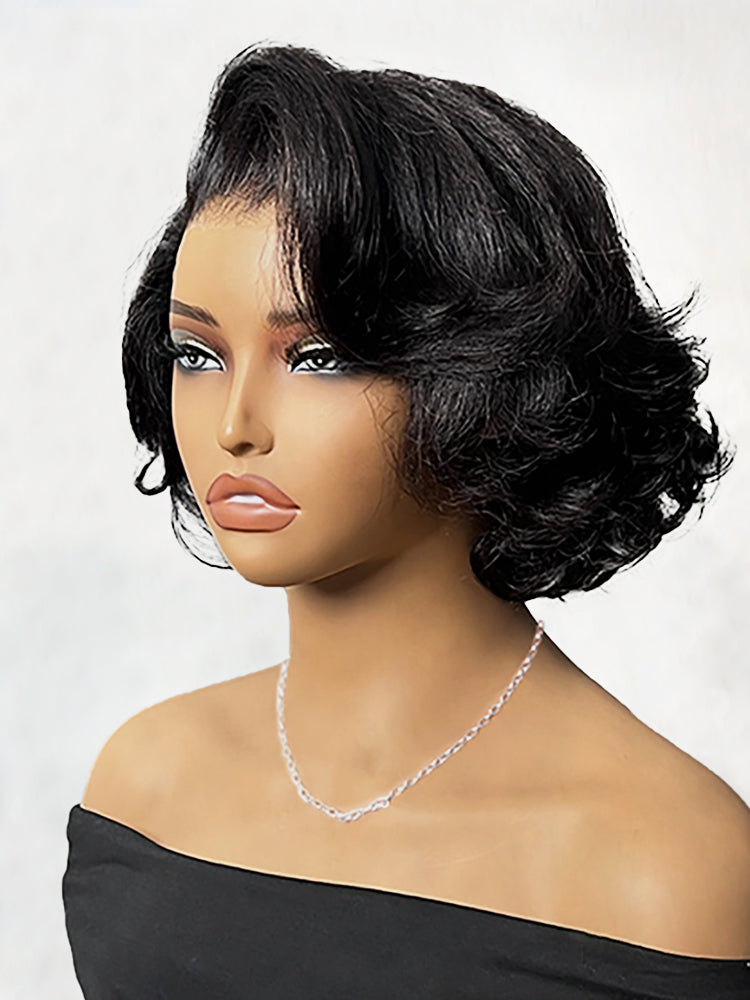 Layered Fluffy Blowout Style Bob Wear Go Glueless 4x6 Lace Closure Wig Yaki Straight HD Lace/ Brown Color Transparent Wig