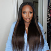Pre Styled Yaki Straight Human Hair Wigs Ombre Black To Brown Glueless Wigs For Beginners