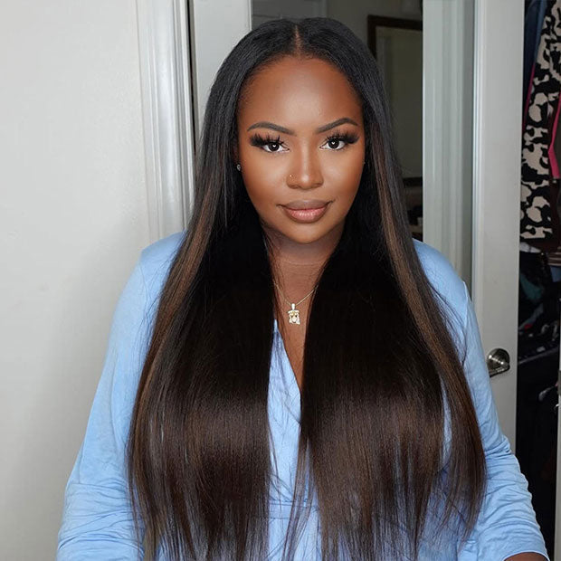 Pre Styled Yaki Straight Human Hair Wigs Ombre Black To Brown Glueless Wigs For Beginners