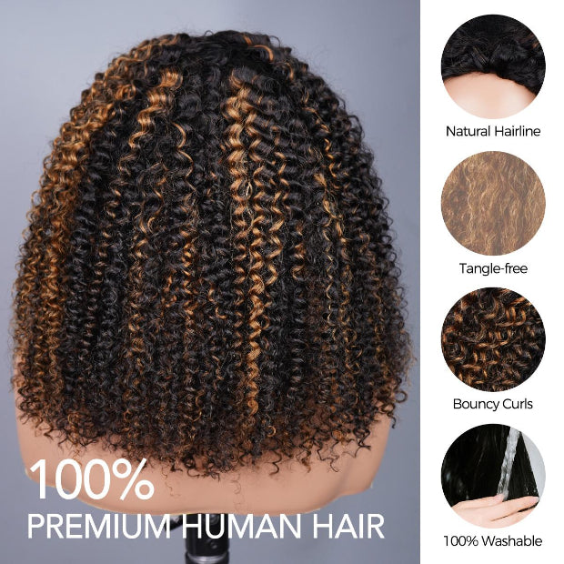 Seegethair  3 In 1 Drawstring Half Wigs Kinky Curly Highlight Color Human Hair Wigs Flip Over Wig