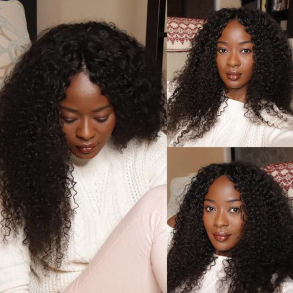 Seegethair 250% Density Glueless Wear Go V Part Wig Human Hair Kinky Curly Hair Wig Beginner Friendly