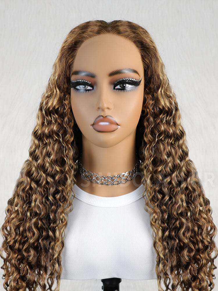 Simidola Highlight Brown Color 7x5 Lace Water Wave Wear Go Glueless Wig Pre Plucked Natural Hairline